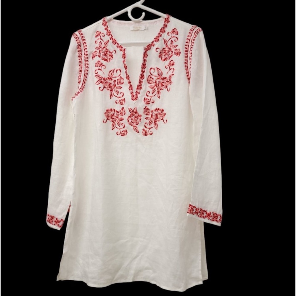Johnny Was Azalea Embroidered Linen Long-Sleeve Tunic Size M White/Red